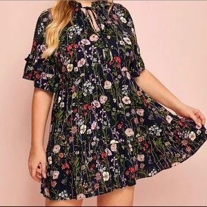 Floral print tie neck dress